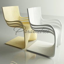 Load image into Gallery viewer, CNC Woodarts Cascade Wood Chair. Modern, wave design bsed on paremetric modeling and segmented 2d parts. A unique design, curvy, musical and artistic. Made in Hawaii.