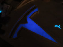 Load image into Gallery viewer, Tesla Wood &amp; Pearl Resin Garage sign by CNC Woodarts Mount on a wall inside your home or in your garage. Red, blue, white charcoal pearl resin. Glow in the dark options. Tesla emblem, logo sign, hang mount, oem.
