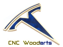 Load image into Gallery viewer, Tesla Wood &amp; Pearl Resin Garage sign by CNC Woodarts Mount on a wall inside your home or in your garage. Red, blue, white charcoal pearl resin. Glow in the dark options. Tesla emblem, logo sign, hang mount, oem.
